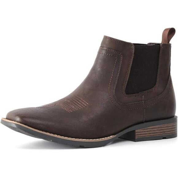 Mens Cowboy Boots Square Toe Ankle Boots Brown - Picture 1 of 5